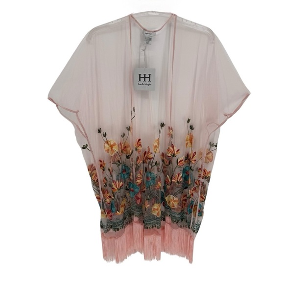 Haute Hippie Pink Mesh Floral Embroidered Fringe NWT Festival Kimono One Size - Picture 2 of 11